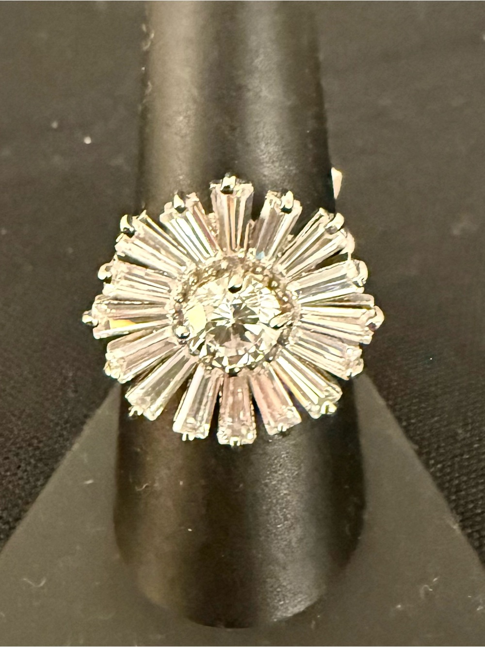 925 Sterling Silver CZ Baguette Sunburst Halo Cocktail Ring Size 8 Statement NWT